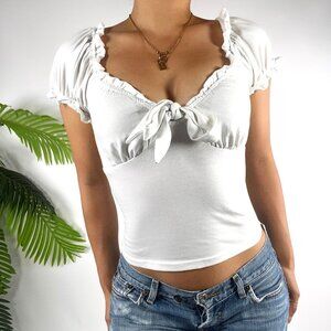 Womens XS White Coquette Milkmaid Casual Fitted Ruffled Puff Sleeves Top